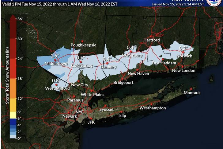 A map showing expected rain and snow in the NYC region.